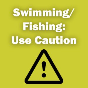 Yellow graphic text swimming fishing use caution