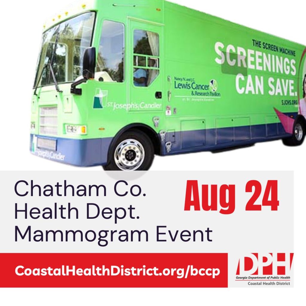 Photo of green bus with text Chatham County Health Department Mammogram Event, August 24, coastalhealthdistrict.org/bccp